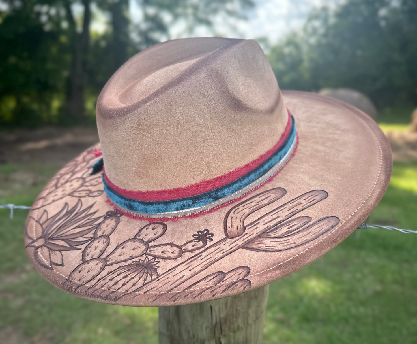 Large Brim Suede Hat With a Hand-Burnt Cactus Design