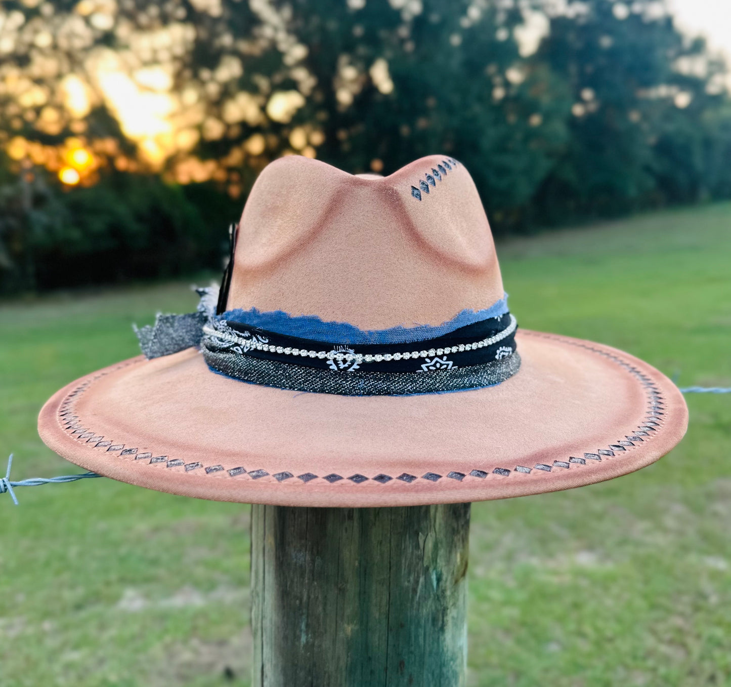Hand-Burnt Large Brim Suede Hat With Beautiful Diamond Design