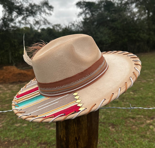 Tan Suede Large Brim Hat With Aztec Design