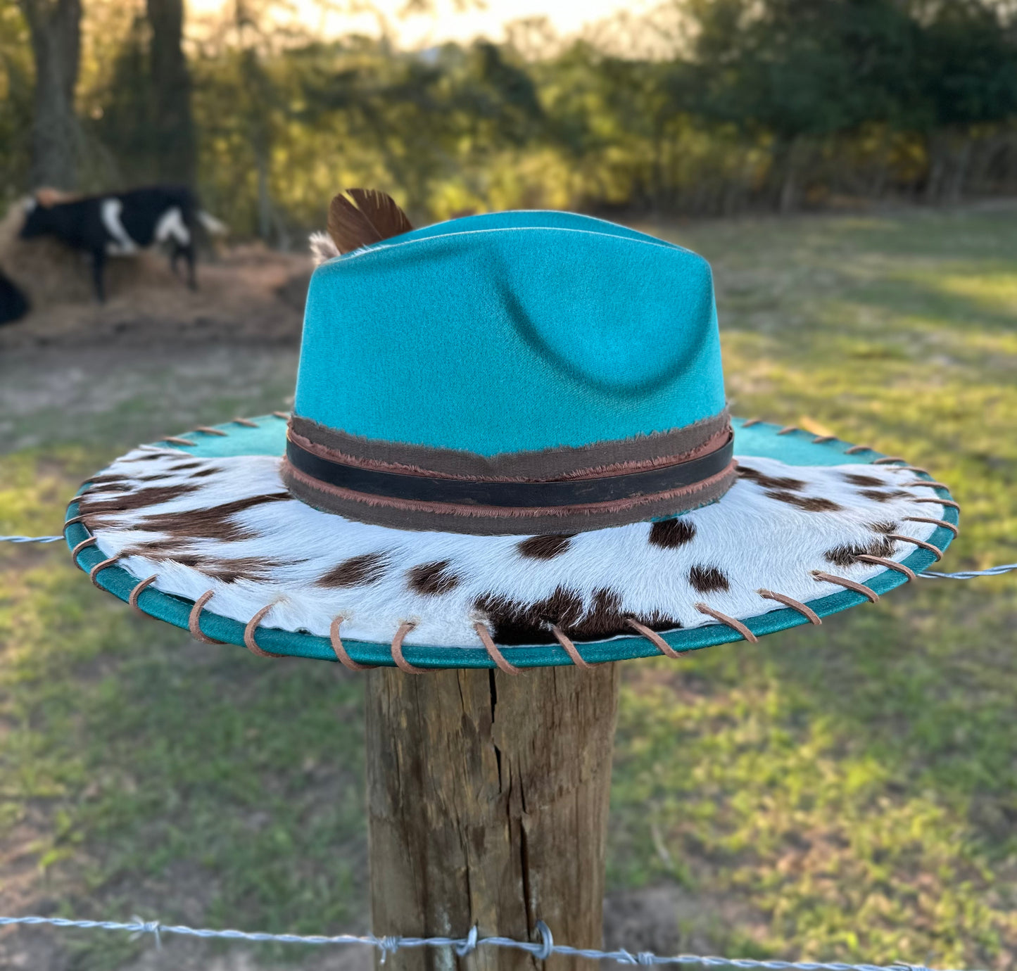 Teal Authentic Cowhide Hand-burnt Large Brim Suede Hat