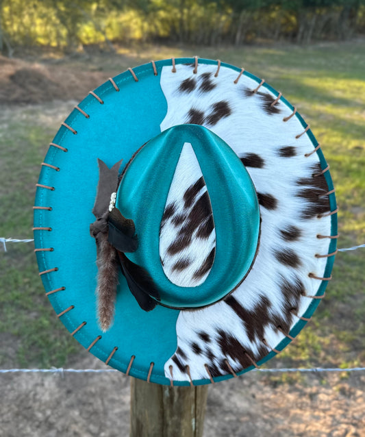 Teal Authentic Cowhide Hand-burnt Large Brim Suede Hat