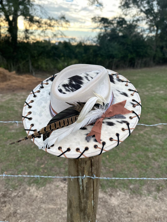 Stunning Beige Authentic Cowhide Hand-burnt Large Brim Suede Hat