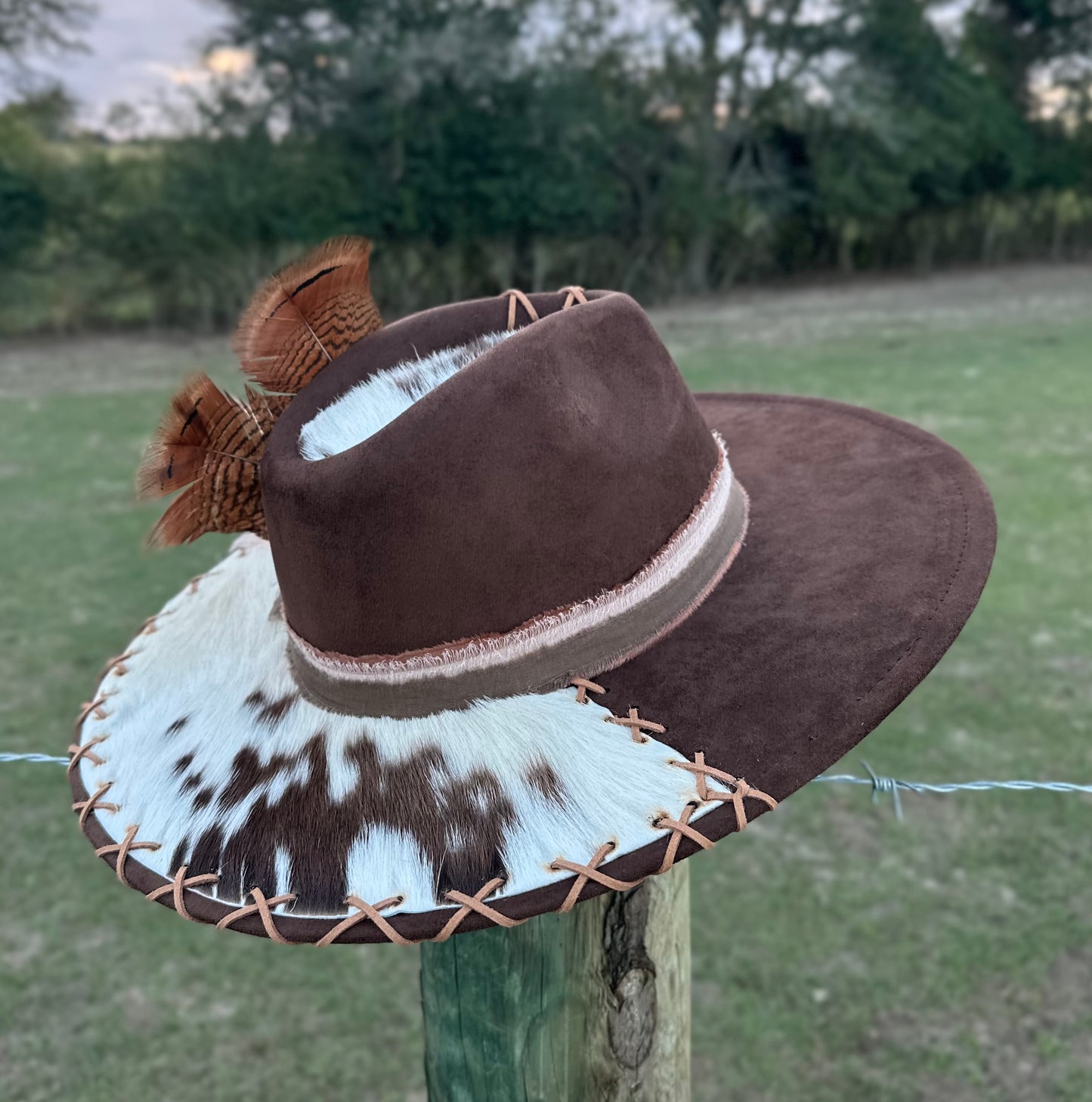 Beautiful Brown Large Brim Suede Hat With Authentic Cowhide