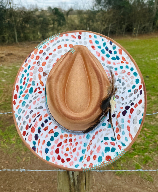 Speckled Lady - Large Brim Suede Hat with Stunning Fabric Overlay