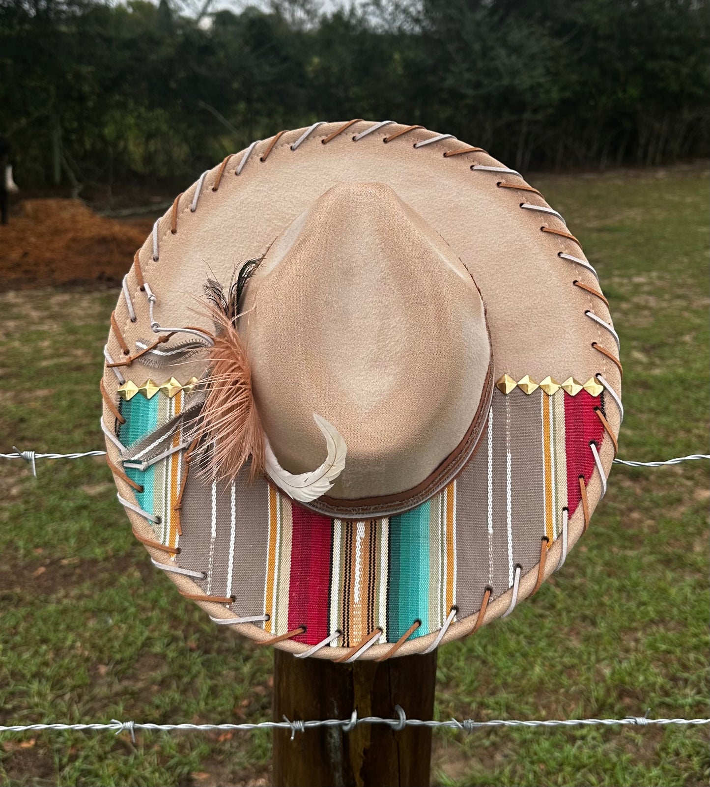 Tan Suede Large Brim Hat With Aztec Design