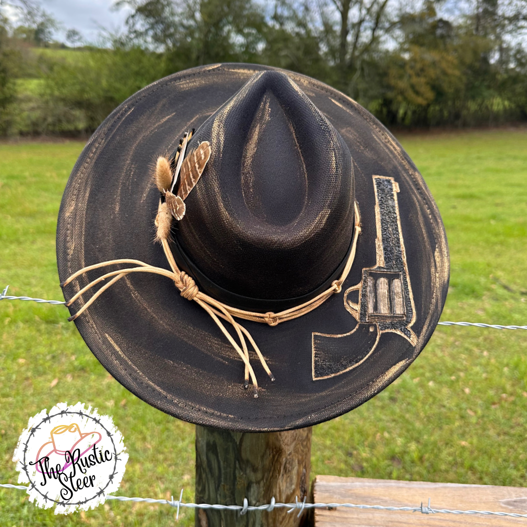 Black Beauty - Hand Burnt and Painted Large Brim Suede Hat