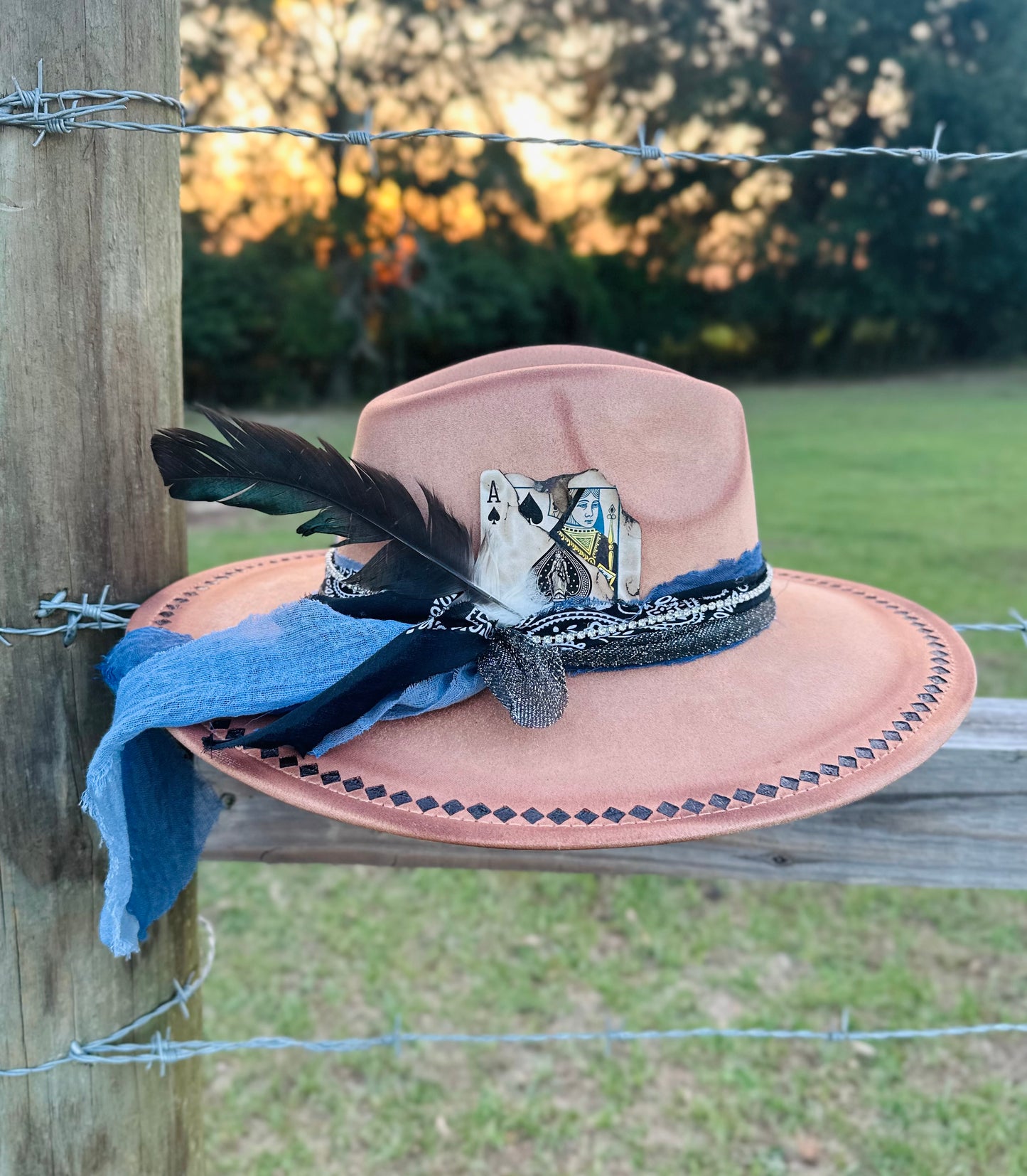 Hand-Burnt Large Brim Suede Hat With Beautiful Diamond Design
