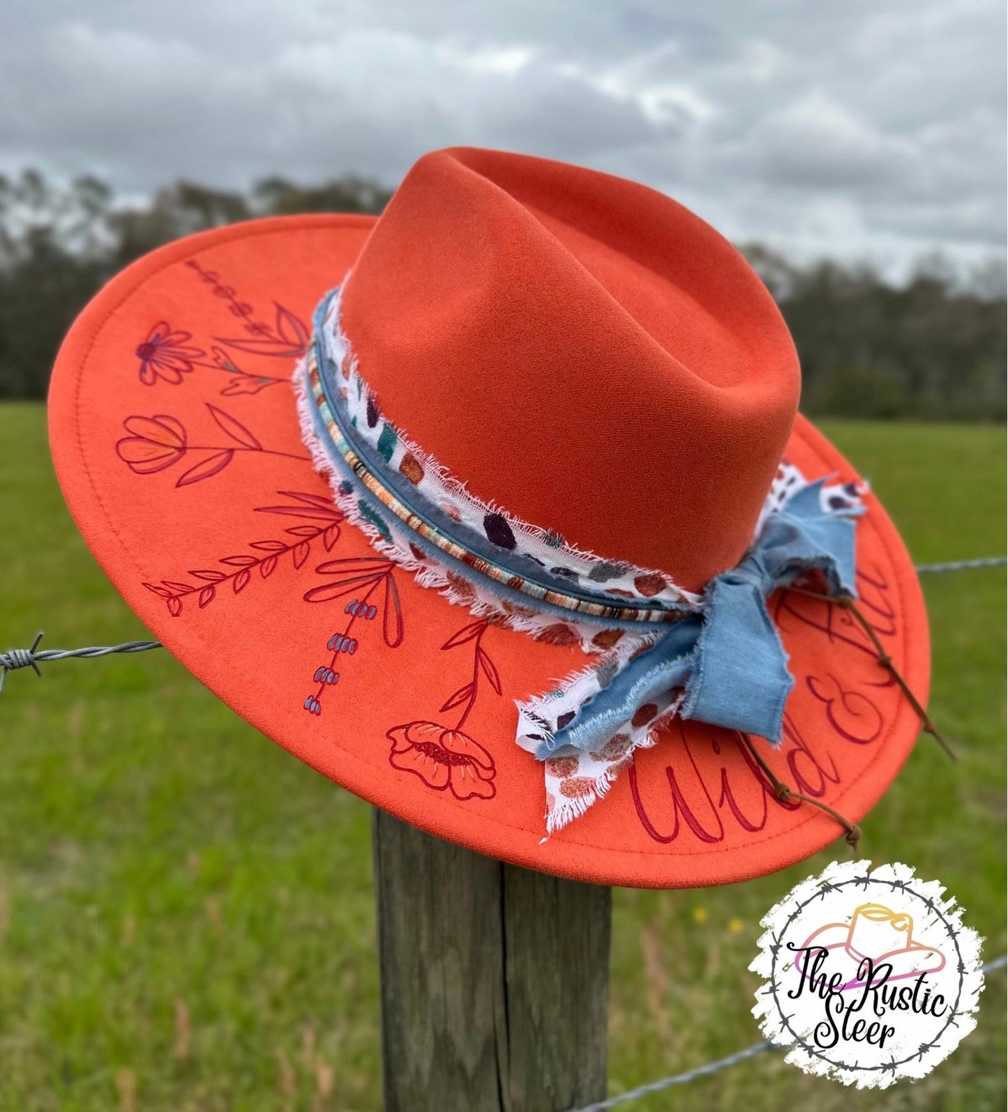 Floral - Hand Burnt and Painted Large Brim Suede Hat
