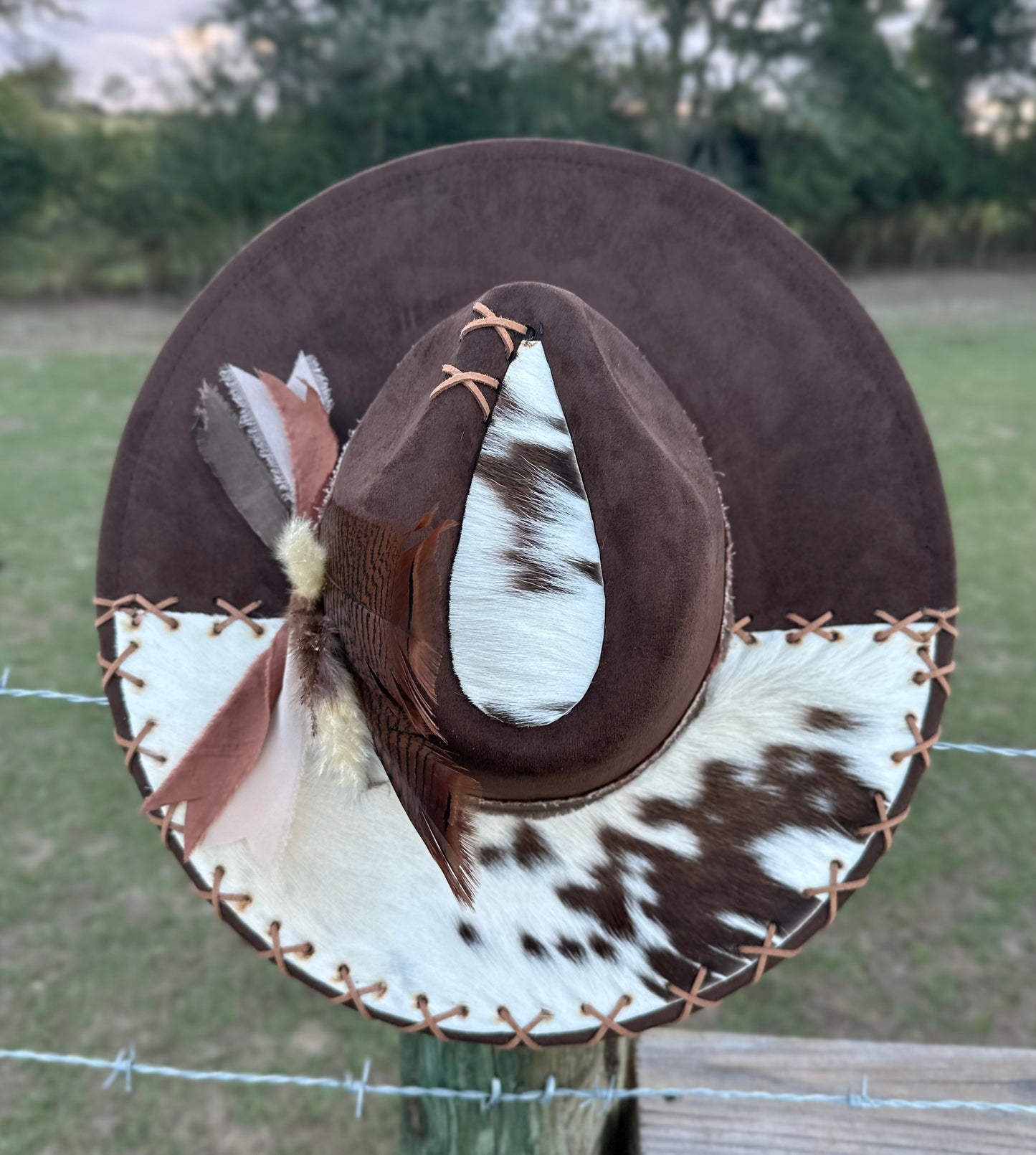 Beautiful Brown Large Brim Suede Hat With Authentic Cowhide