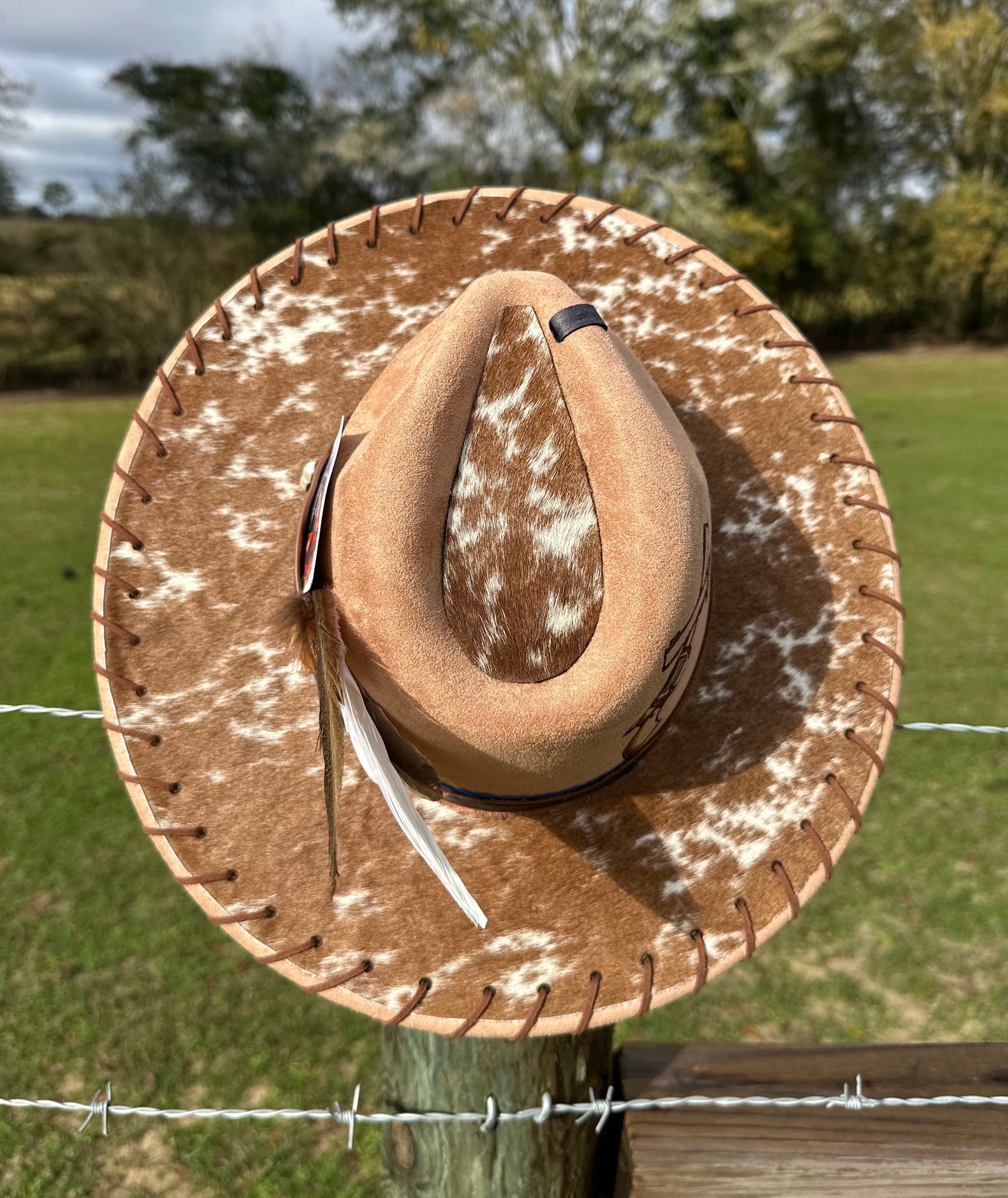 Authentic Cowhide Hand-burnt Large Brim Suede Hat