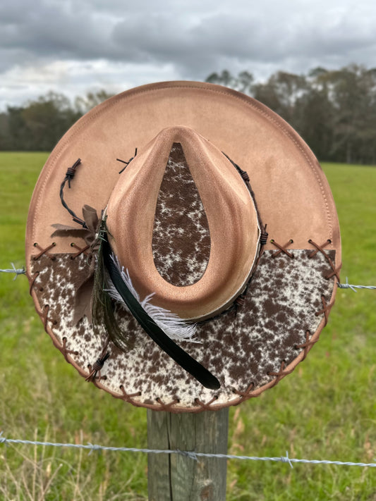 Tan Authentic Cowhide Hand-Burnt Large Brim Suede Hat