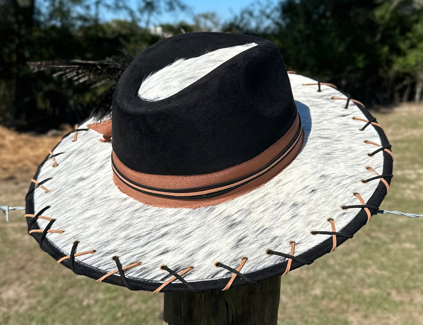 Black Large Brim Suede Hat With Authentic Cowhide On Brim