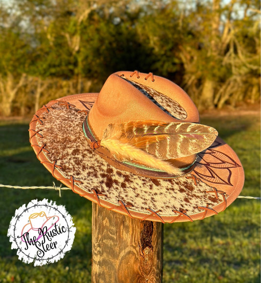 Authentic Cowhide Large Brim Suede Hat with Hand-Burnt Sunflower Design