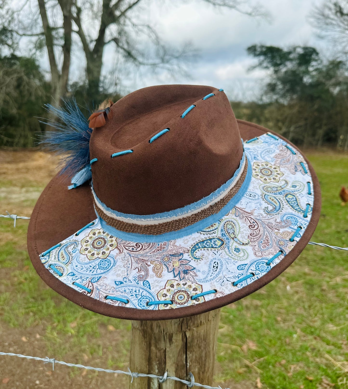 Blue Paisley - Chocolate Suede Large Brim Hat