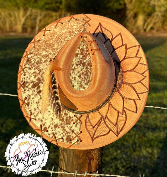 Half Sunflower Authentic Cowhide Large Brim Suede Hat with Hand-Burnt Design
