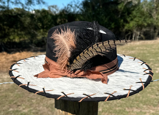 Black Large Brim Suede Hat With Authentic Cowhide On Brim