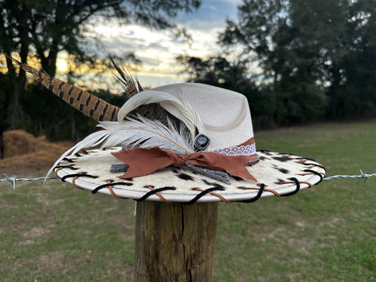 Stunning Beige Authentic Cowhide Hand-burnt Large Brim Suede Hat