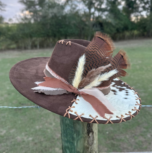 Beautiful Brown Large Brim Suede Hat With Authentic Cowhide