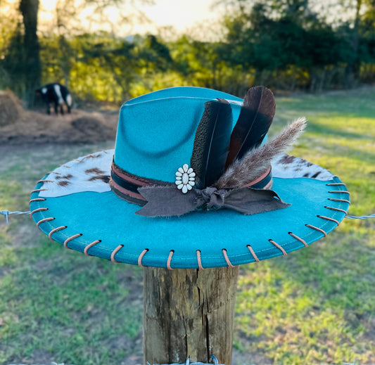Teal Authentic Cowhide Hand-burnt Large Brim Suede Hat