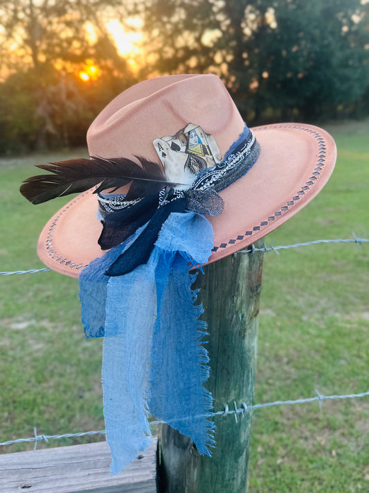 Hand-Burnt Large Brim Suede Hat With Beautiful Diamond Design