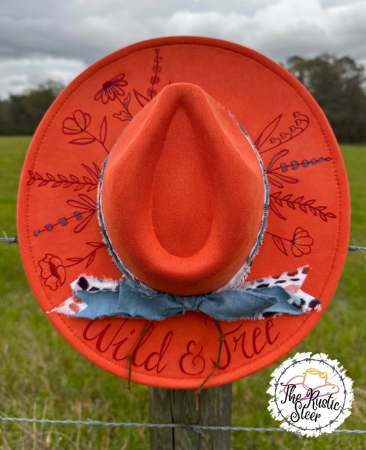 Floral - Hand Burnt and Painted Large Brim Suede Hat
