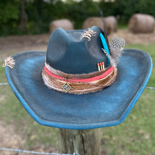 Paint Distressed Blue Suede Hat