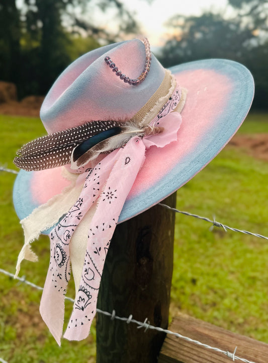 Cotton Candy Cowgirl - Paint Distressed Large Brim Suede Hat