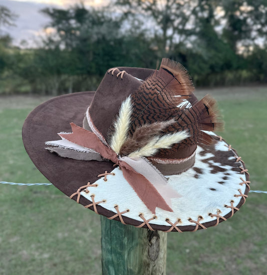 Beautiful Brown Large Brim Suede Hat With Authentic Cowhide