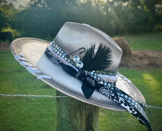 Beautiful Beige Painted and Distressed Large Brim Suede Hat