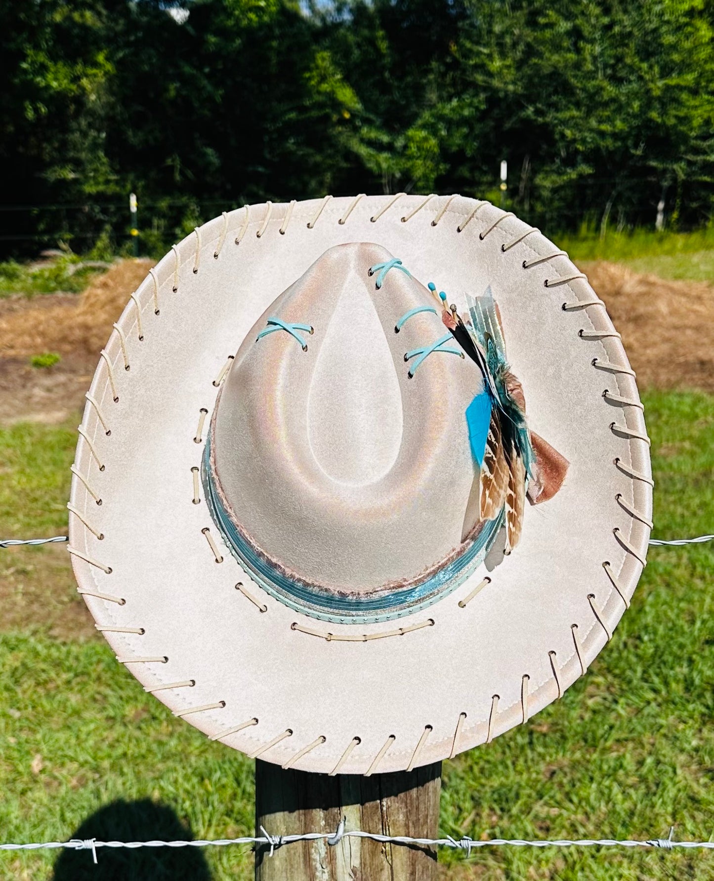 Tan Suede Large Brim Hat with Gorgeous Teal Faux Leather Under Brim