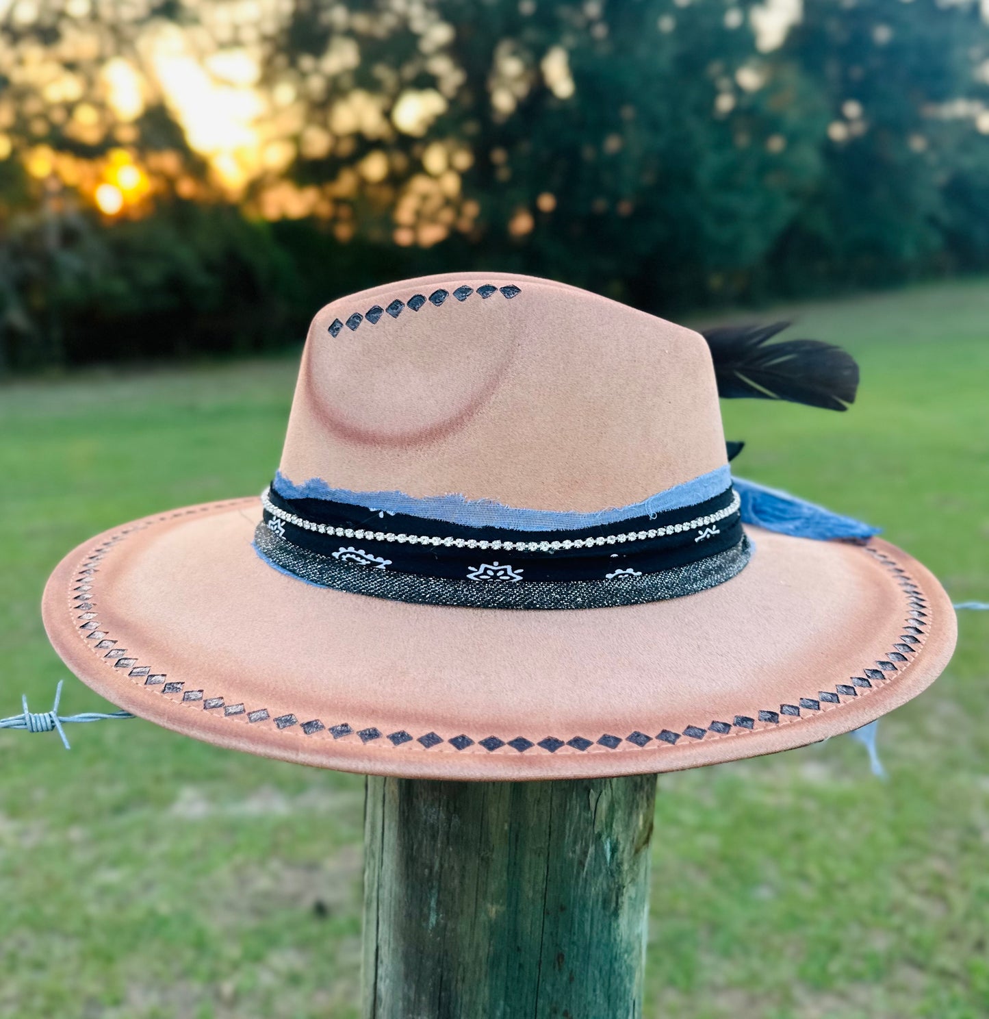 Hand-Burnt Large Brim Suede Hat With Beautiful Diamond Design