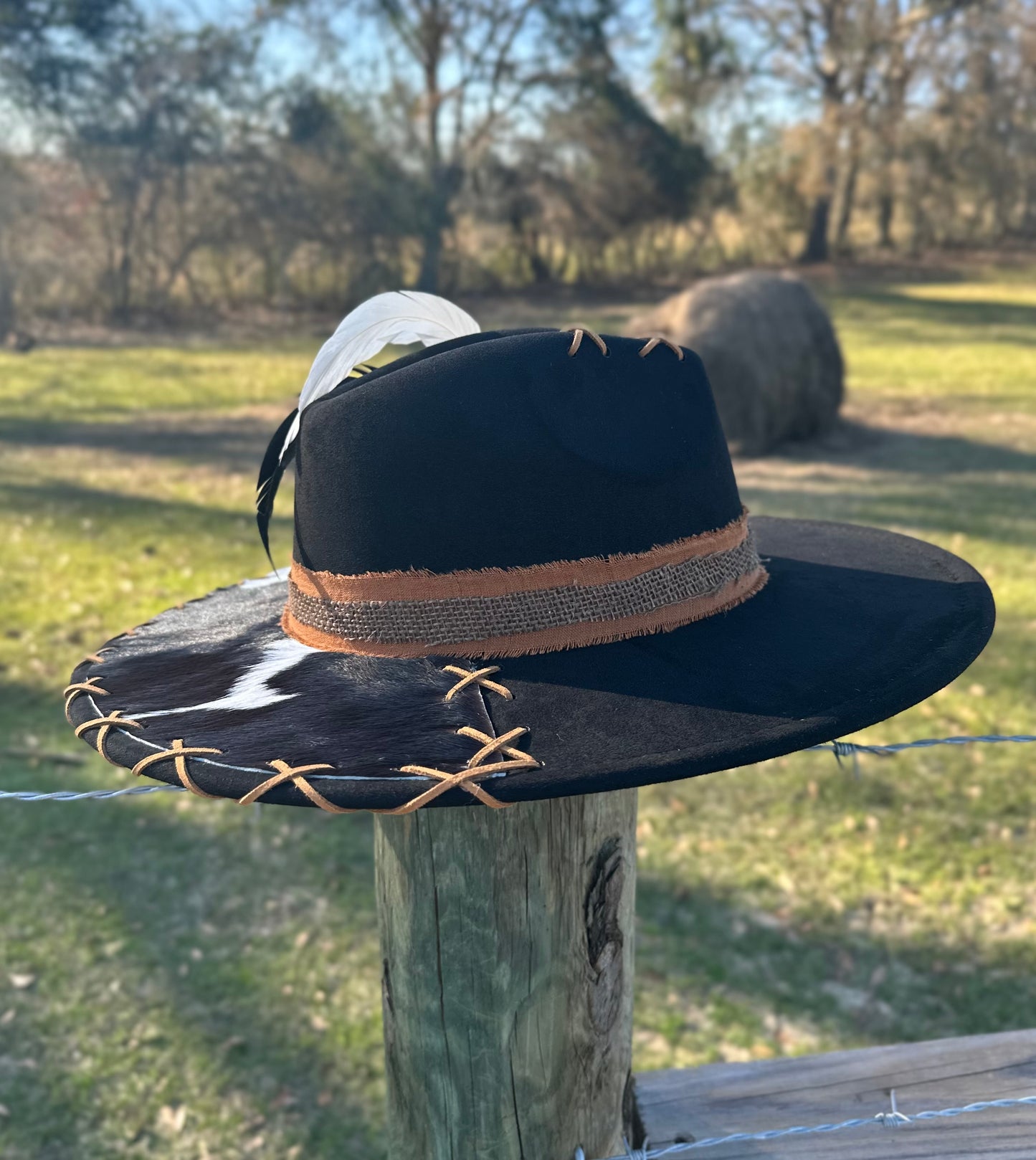 Beautiful Black Authentic Cowhide Hand-burnt Large Brim Suede Hat