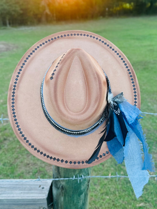 Hand-Burnt Large Brim Suede Hat With Beautiful Diamond Design