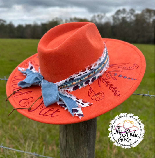 Floral - Hand Burnt and Painted Large Brim Suede Hat