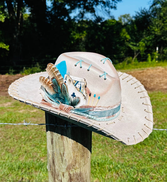 Tan Suede Large Brim Hat with Gorgeous Teal Faux Leather Under Brim
