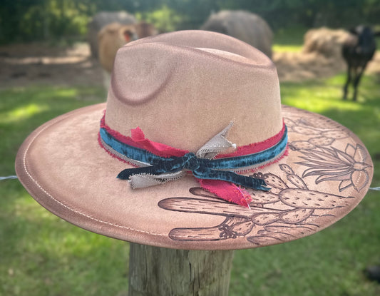 Large Brim Suede Hat With a Hand-Burnt Cactus Design