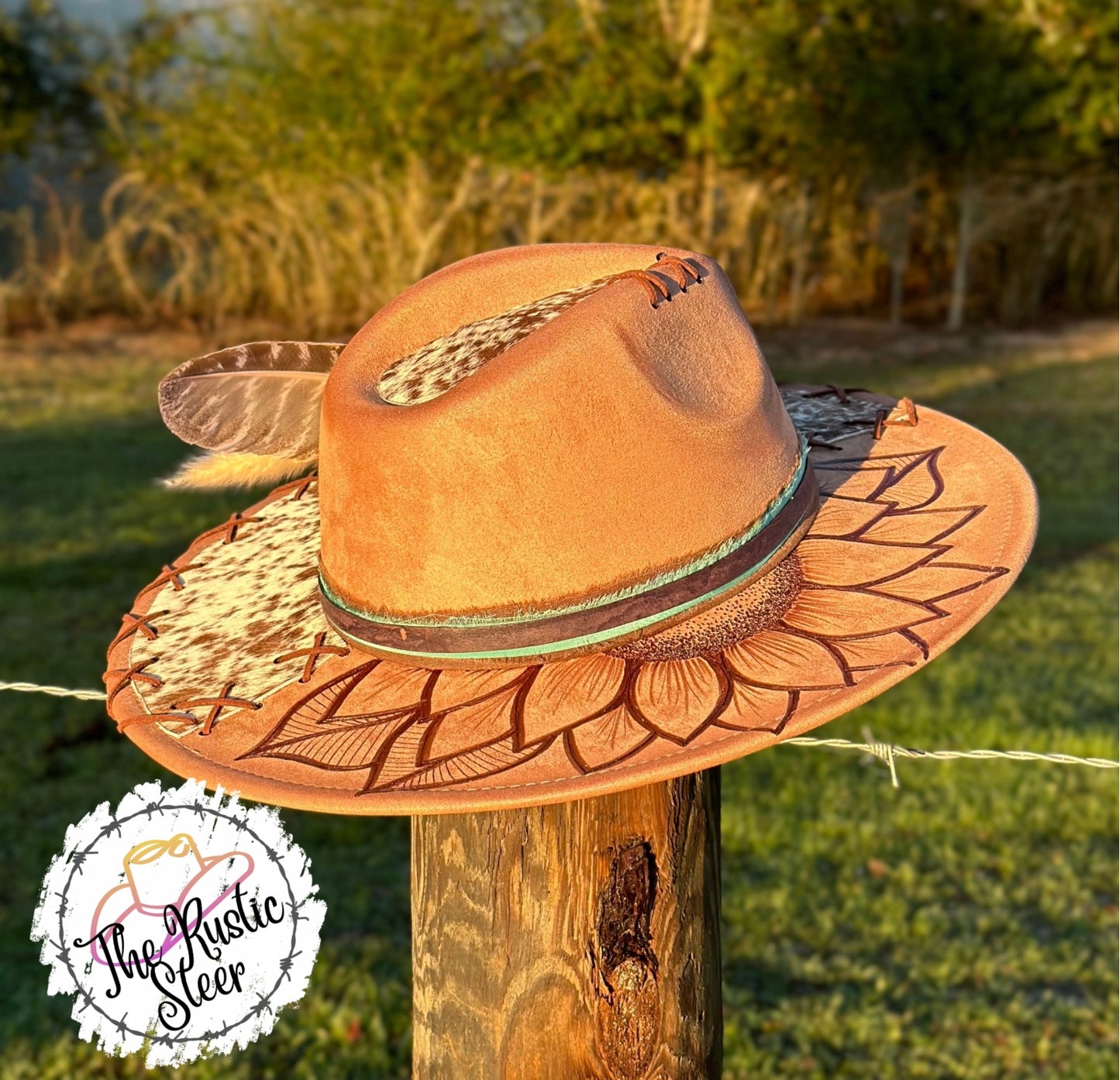 Authentic Cowhide Large Brim Suede Hat with Hand-Burnt Sunflower Design