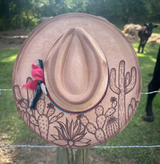 Large Brim Suede Hat With a Hand-Burnt Cactus Design
