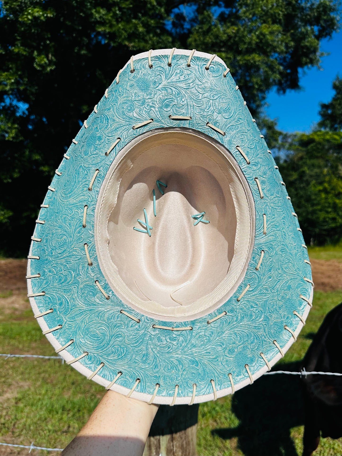 Tan Suede Large Brim Hat with Gorgeous Teal Faux Leather Under Brim