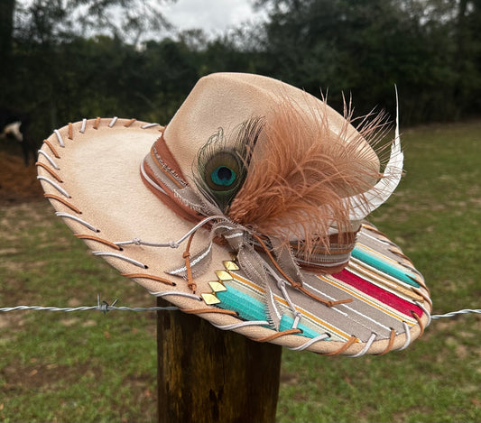 Tan Suede Large Brim Hat With Aztec Design