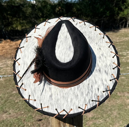 Black Large Brim Suede Hat With Authentic Cowhide On Brim