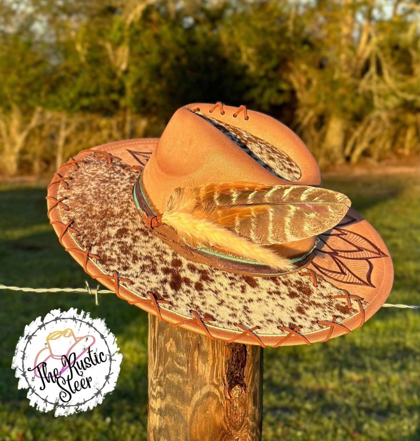 Half Sunflower Authentic Cowhide Large Brim Suede Hat with Hand-Burnt Design