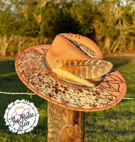 Half Sunflower Authentic Cowhide Large Brim Suede Hat with Hand-Burnt Design