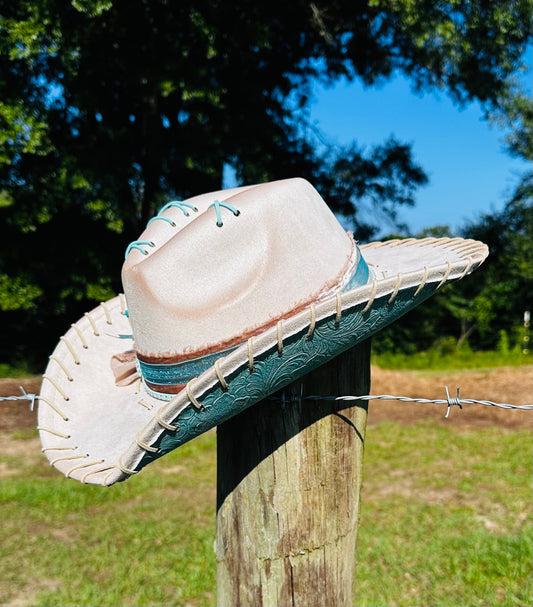 Tan Suede Large Brim Hat with Gorgeous Teal Faux Leather Under Brim