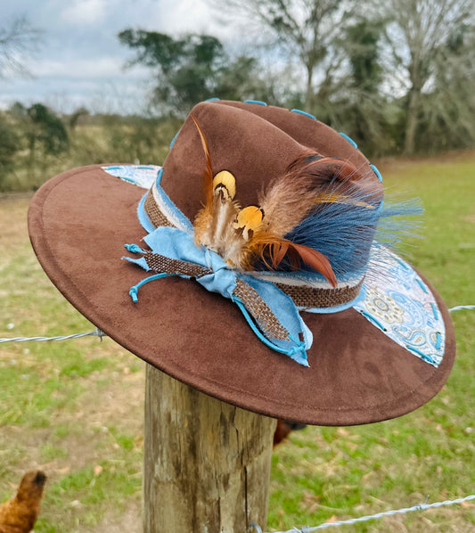 Blue Paisley - Chocolate Suede Large Brim Hat
