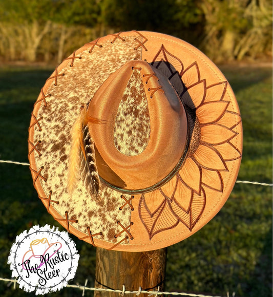 Authentic Cowhide Large Brim Suede Hat with Hand-Burnt Sunflower Design