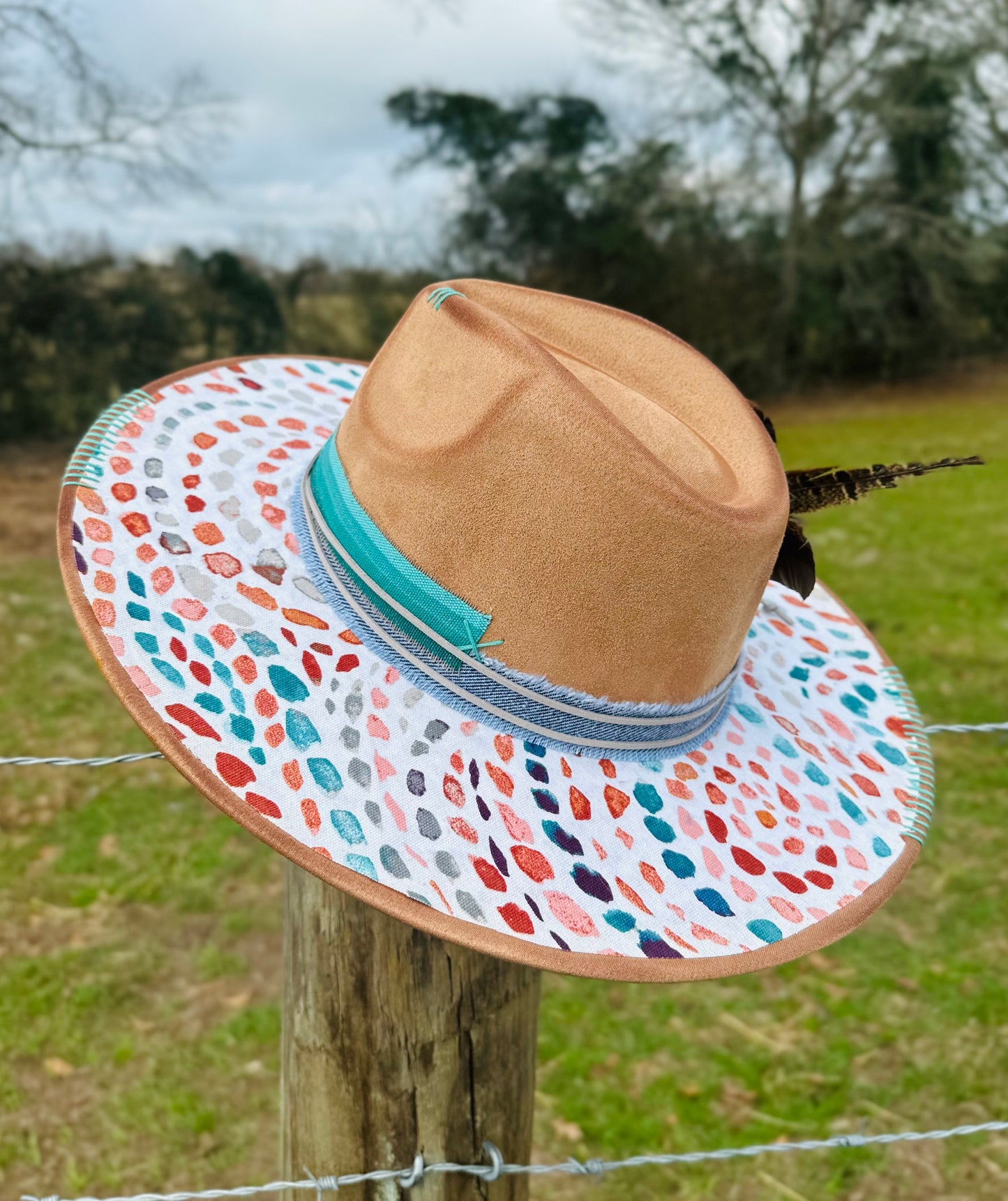 Speckled Lady - Large Brim Suede Hat with Stunning Fabric Overlay