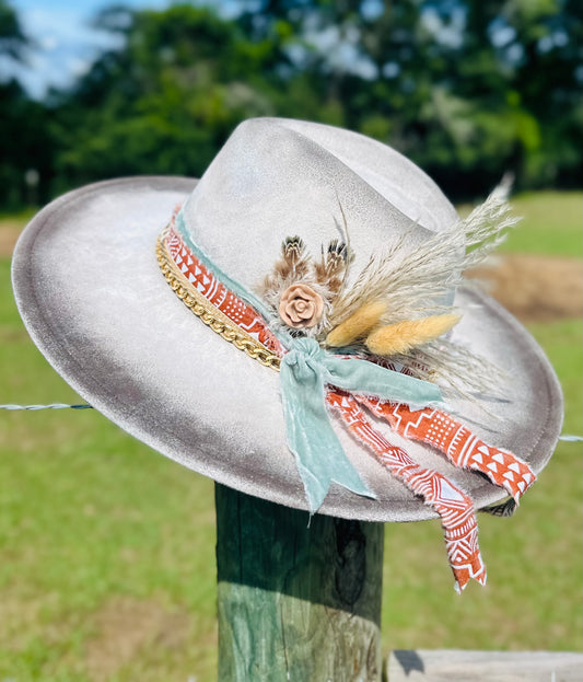 Hand-Painted Large Brim Distressed Suede Hat