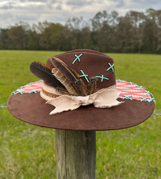 Boho Feather Suede Hat: Large Brim Canvas Fabric