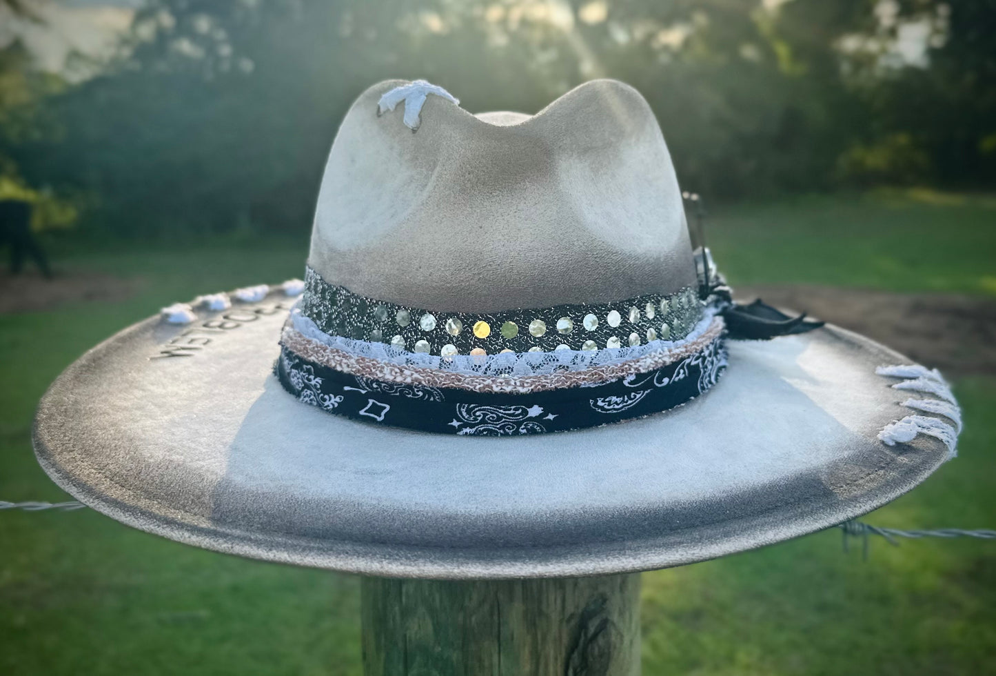 Beautiful Beige Painted and Distressed Large Brim Suede Hat